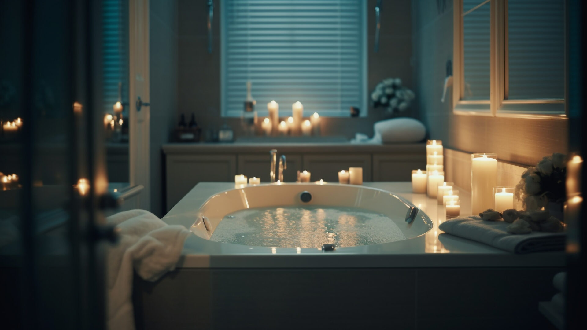 Jacuzzi tub filled with water and surrounded by candles, towels, and soft lighting in a private bathroom